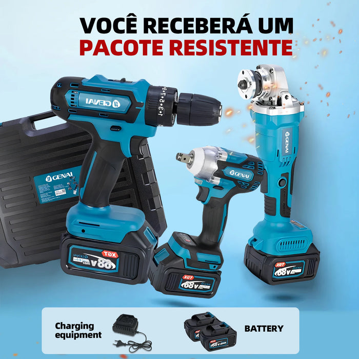 Trapano elettrico senza spazzole + avvitatore a percussione + kit set di utensili elettrici per tondo per cemento armato (2 batterie incluse)