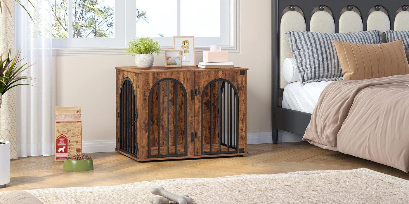 Mobili per gabbie per cani, scatola per cani da 80 cm per la casa, 3 ante, porta ad arco, scatola per cani moderna da interno per cani, tavolino, gabbia per cani resistente