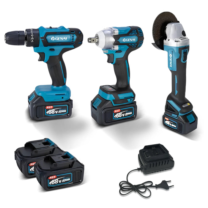 Trapano elettrico senza spazzole + avvitatore a percussione + kit set di utensili elettrici per tondo per cemento armato (2 batterie incluse)