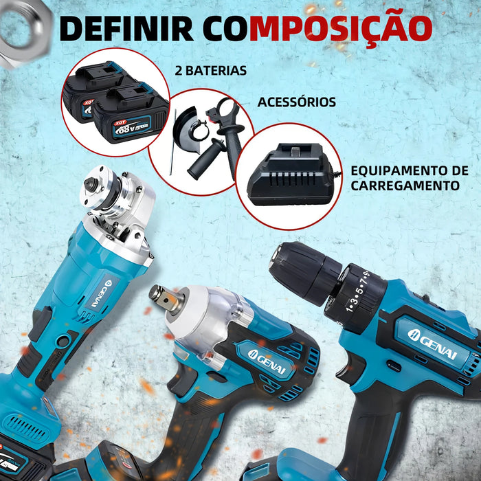 Trapano elettrico senza spazzole + avvitatore a percussione + kit set di utensili elettrici per tondo per cemento armato (2 batterie incluse)