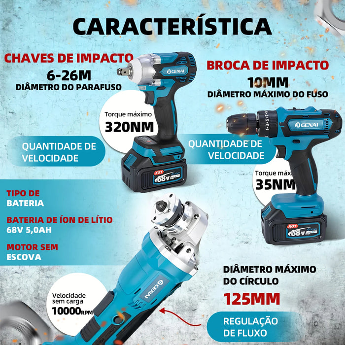 Trapano elettrico senza spazzole + avvitatore a percussione + kit set di utensili elettrici per tondo per cemento armato (2 batterie incluse)