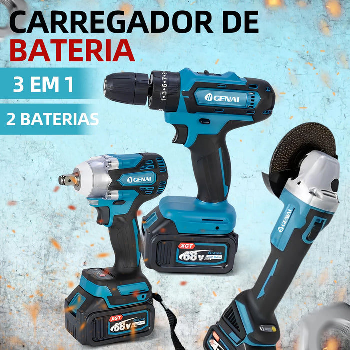 Trapano elettrico senza spazzole + avvitatore a percussione + kit set di utensili elettrici per tondo per cemento armato (2 batterie incluse)