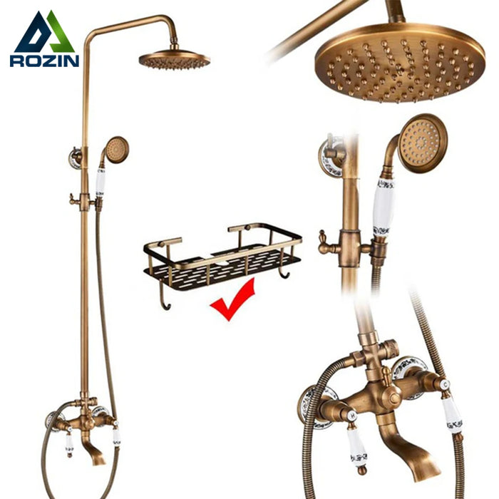 Set di rubinetti per doccia antichi in ottone colonna per doccia in ceramica in porcellana girevole ruota beccuccio per vasca doppi pomelli miscelatore Kit doccia per vasca
