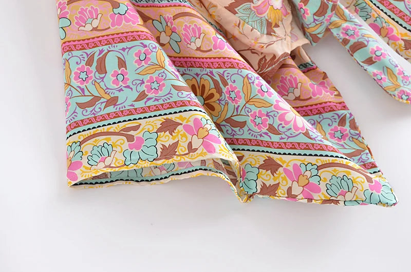 Boho Vintage stampa floreale spiaggia estate Kimono corto donna moda donna Casual scollo a V maniche a pipistrello bohémien Cover-up