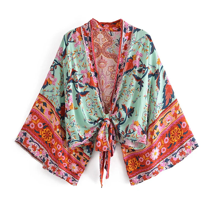Boho Vintage stampa floreale spiaggia estate Kimono corto donna moda donna Casual scollo a V maniche a pipistrello bohémien Cover-up