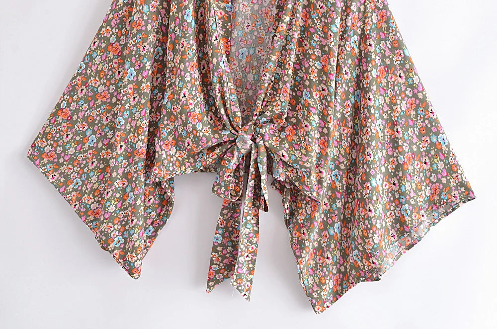 Boho Vintage stampa floreale spiaggia estate Kimono corto donna moda donna Casual scollo a V maniche a pipistrello bohémien Cover-up