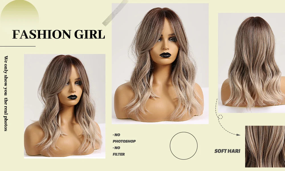 ESIN Parrucca sintetica marrone scuro Parrucche a onde lunghe per donna Parrucca per capelli con frangia Resistente al calore Uso naturale quotidiano per feste