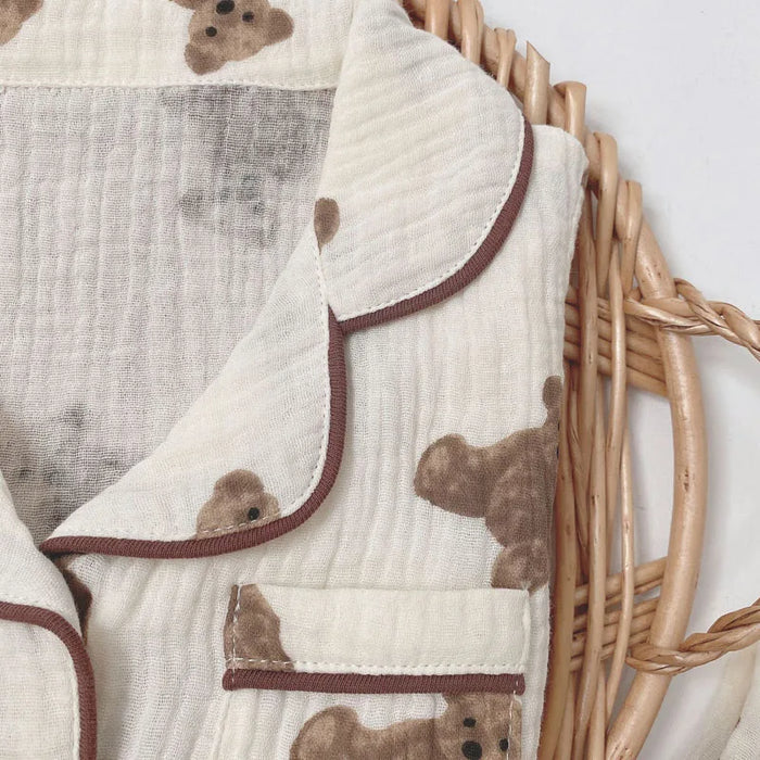 2 pezzi autunno nuovi pigiami per bambini coreano manica lunga stampa orso cardigan e pantaloni indumenti da notte in filato musline di cotone