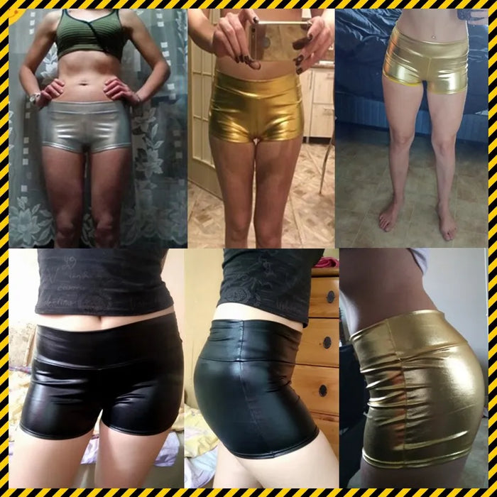 YRRETY Pantaloncini metallizzati argento per adulti Pantaloncini da bottino rave Pantaloncini da allegria a vita media PU Lucido Danza Donna Collant push up Abbigliamento da palestra