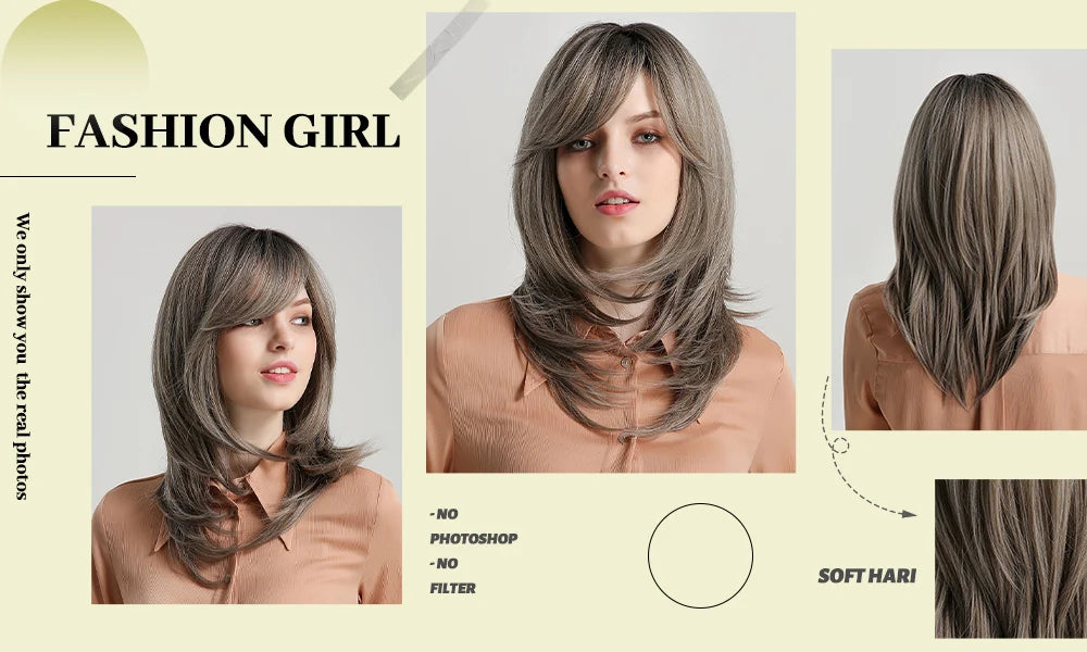 ESIN Parrucca sintetica marrone scuro Parrucche a onde lunghe per donna Parrucca per capelli con frangia Resistente al calore Uso naturale quotidiano per feste