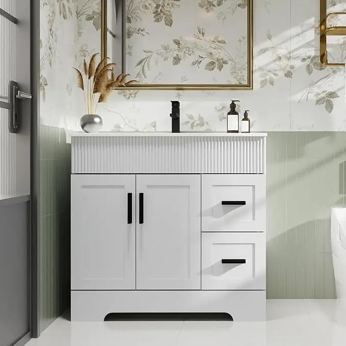 36" Green Bathroom Vanities Combo Set Wave Lines Modern Bathroom Cabinet Vanity Modern Style Bathroom Cabinets for Sale