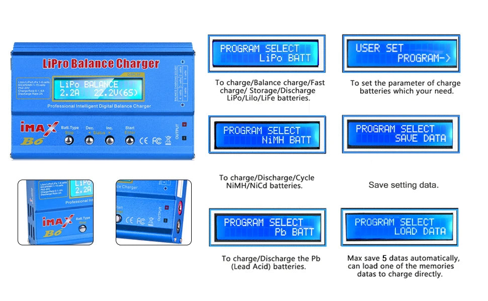 Caricabatteria multifunzione IMAX B6 80W per Lipo Li-ion LiFe NiMh Ni-Cd PB RC Balance Scaricatore + Adattatore 15V 6A Opzionale