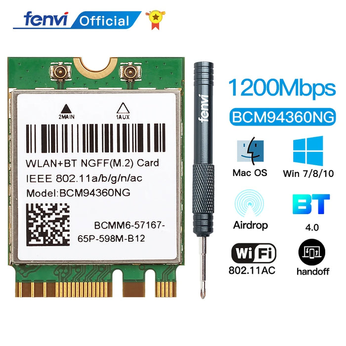 Scheda WIFI Wireless Dual Band Hackintosh BCM94360NG NGFF M.2 1200Mbps Bluetooth4.0 BCM94352Z NGFF 802.11ac Adattatore Wlan DW1560