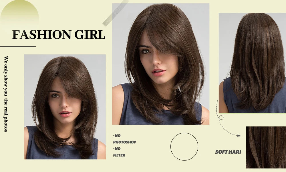 ESIN Parrucca sintetica marrone scuro Parrucche a onde lunghe per donna Parrucca per capelli con frangia Resistente al calore Uso naturale quotidiano per feste