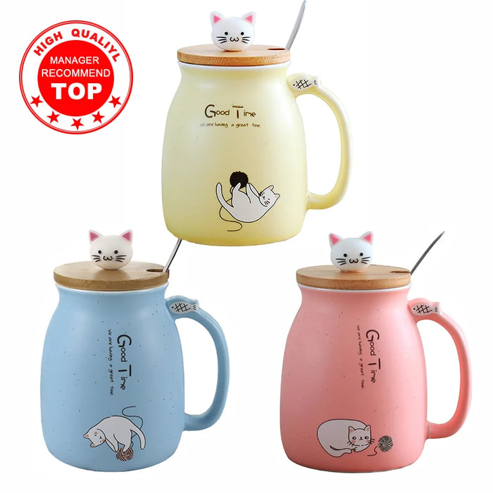 Colore creativo gatto resistente al calore Tazza cartone animato con coperchio 450ml tazza gattino caffè tazze in ceramica tazza per bambini ufficio Drinkware regalo