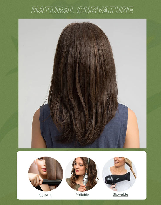 ESIN Parrucca sintetica marrone scuro Parrucche a onde lunghe per donna Parrucca per capelli con frangia Resistente al calore Uso naturale quotidiano per feste