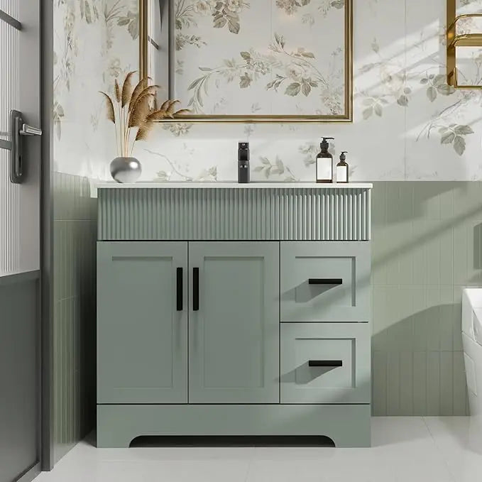 36" Green Bathroom Vanities Combo Set Wave Lines Modern Bathroom Cabinet Vanity Modern Style Bathroom Cabinets for Sale