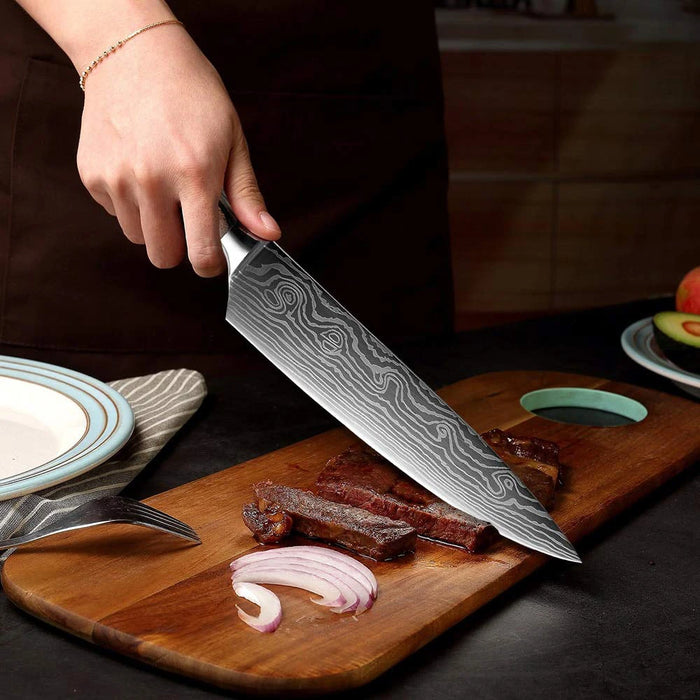 Set di coltelli da cucina premium Coltello da chef giapponese affilato Coltello Santoku con motivo damasco laser Mannaia da taglio molto veloce 1-10 pezzi