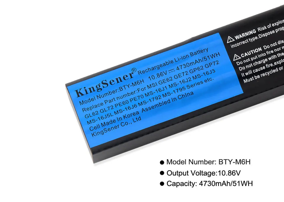 KingSener BTY-M6H Batteria Per MSI GE62 GE72 GP62 GP72 GL62 GL72 GP62VR GP72VR PE60 PE70 MS-16J2 MS-16J3 MS-16J9 MS-1792 MS-1795