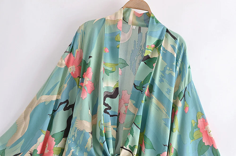Boho Vintage stampa floreale spiaggia estate Kimono corto donna moda donna Casual scollo a V maniche a pipistrello bohémien Cover-up