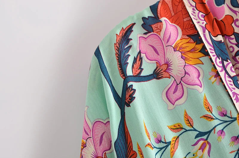 Boho Vintage stampa floreale spiaggia estate Kimono corto donna moda donna Casual scollo a V maniche a pipistrello bohémien Cover-up