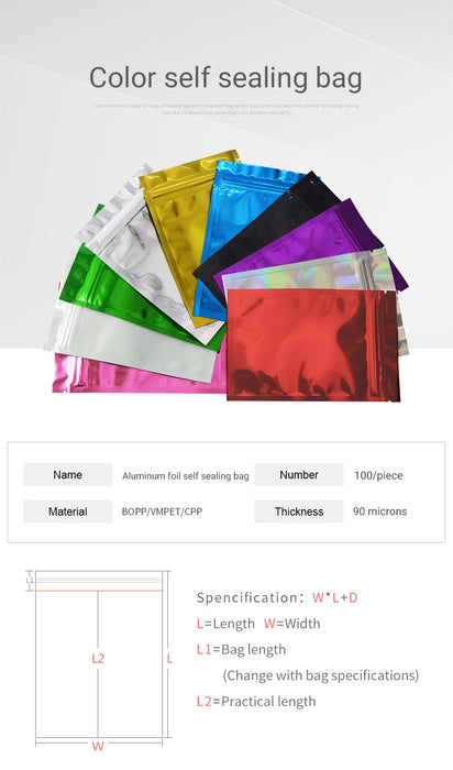 100 sacchetti colorati con chiusura a zip in foglio di alimentazione superiore, sacchetti per alimenti, sacchetti in foglio di alluminio Mylar, sacchetti per tè, sacchetti per alimenti