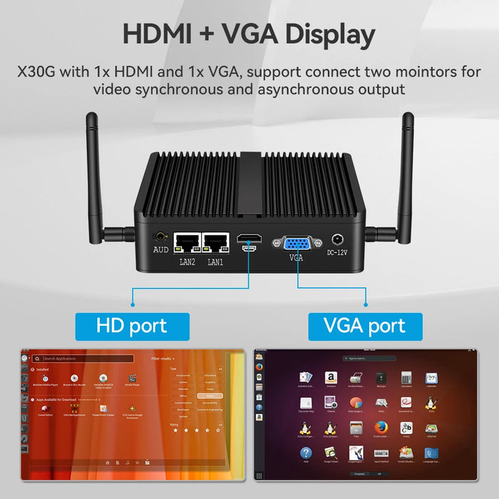 Mini PC senza ventola Intel Celeron J6412 2xGigabit Ethernet 2x RS232/RS485 HDMI VGA Mini PCIE WiFi/4G 6x USB Supporto Windows Linux