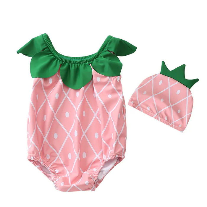 Carino Frutta Forma di Animale Del Bambino di Un pezzo del Costume Da Bagno + Cuffia da nuoto Per Il Bambino Delle Ragazze Dei Ragazzi Del Bambino di Estate Infantile Del Bambino Del Bambino acqua Vestiti di Sport