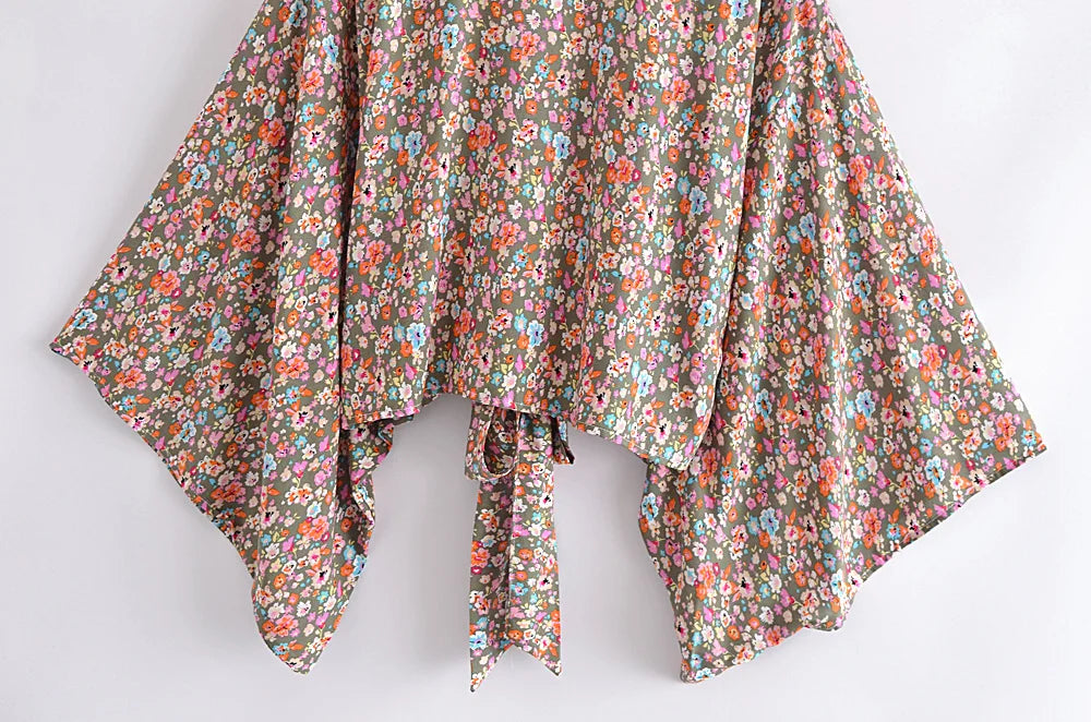 Boho Vintage stampa floreale spiaggia estate Kimono corto donna moda donna Casual scollo a V maniche a pipistrello bohémien Cover-up