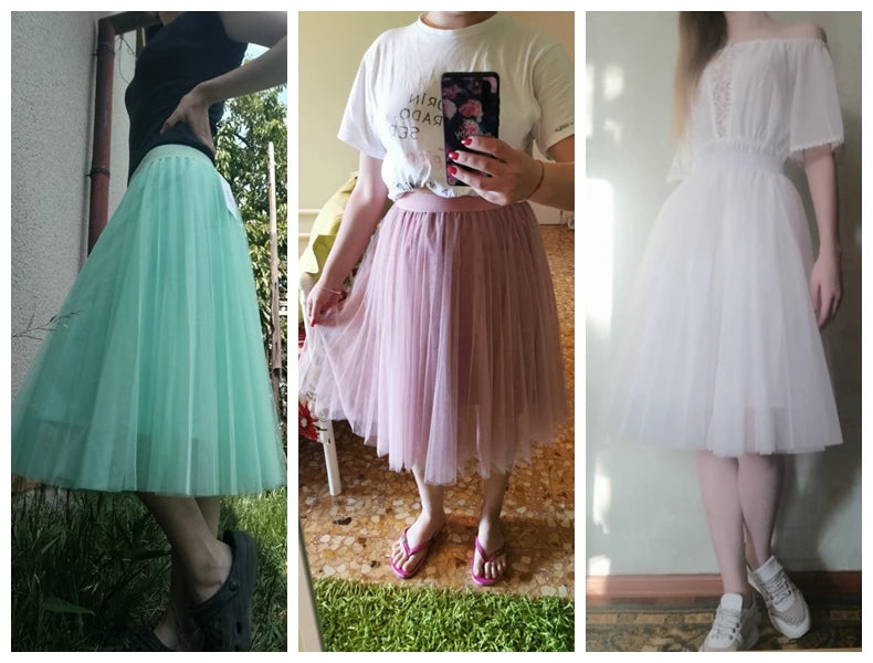 Gonne in Tulle TingYiLi a 4 strati gonna da donna in Tulle nero grigio bianco adulto gonna longuette a pieghe elastica a vita alta