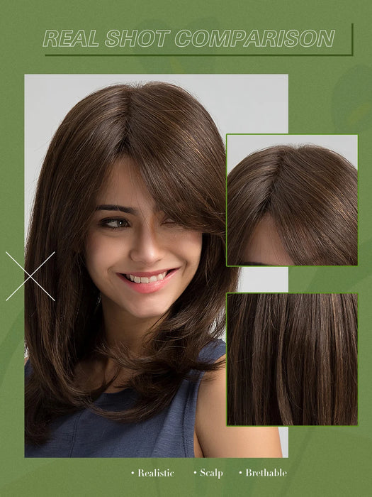 ESIN Parrucca sintetica marrone scuro Parrucche a onde lunghe per donna Parrucca per capelli con frangia Resistente al calore Uso naturale quotidiano per feste