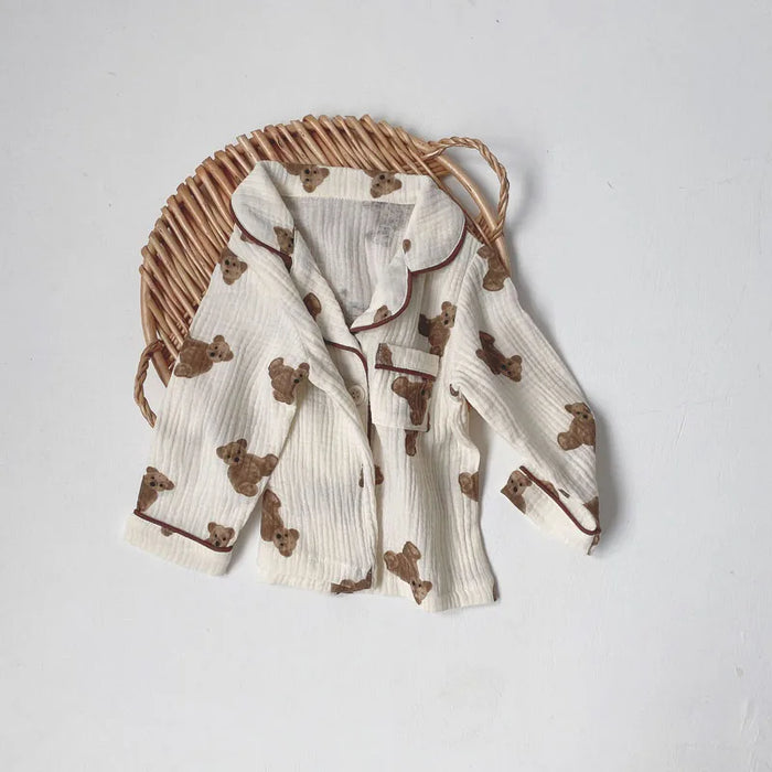 2 pezzi autunno nuovi pigiami per bambini coreano manica lunga stampa orso cardigan e pantaloni indumenti da notte in filato musline di cotone