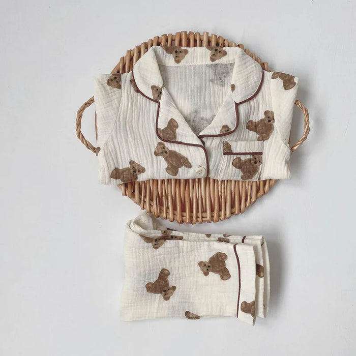 2 pezzi autunno nuovi pigiami per bambini coreano manica lunga stampa orso cardigan e pantaloni indumenti da notte in filato musline di cotone