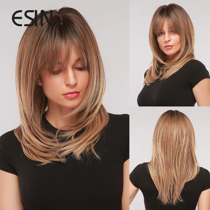 ESIN Parrucca sintetica marrone scuro Parrucche a onde lunghe per donna Parrucca per capelli con frangia Resistente al calore Uso naturale quotidiano per feste