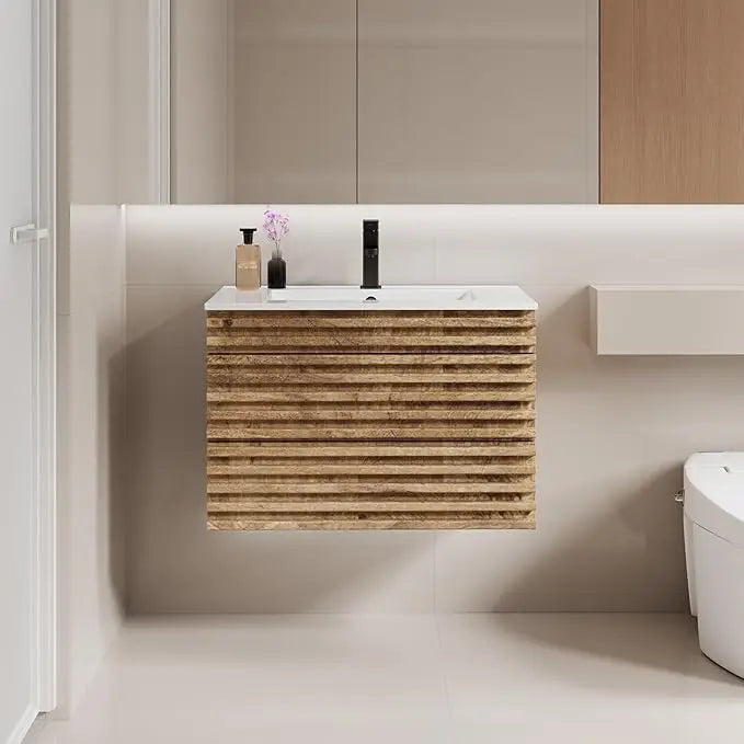 24" 30" 36" Mid-Century Wall Mounted Big Drawer Cabinet Wood Stripes Style Floating Bathroom Vanity with Ceramic Sink