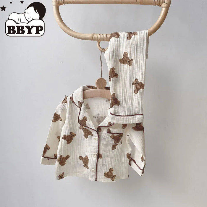 2 pezzi autunno nuovi pigiami per bambini coreano manica lunga stampa orso cardigan e pantaloni indumenti da notte in filato musline di cotone