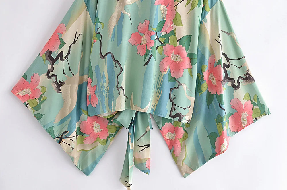 Boho Vintage stampa floreale spiaggia estate Kimono corto donna moda donna Casual scollo a V maniche a pipistrello bohémien Cover-up