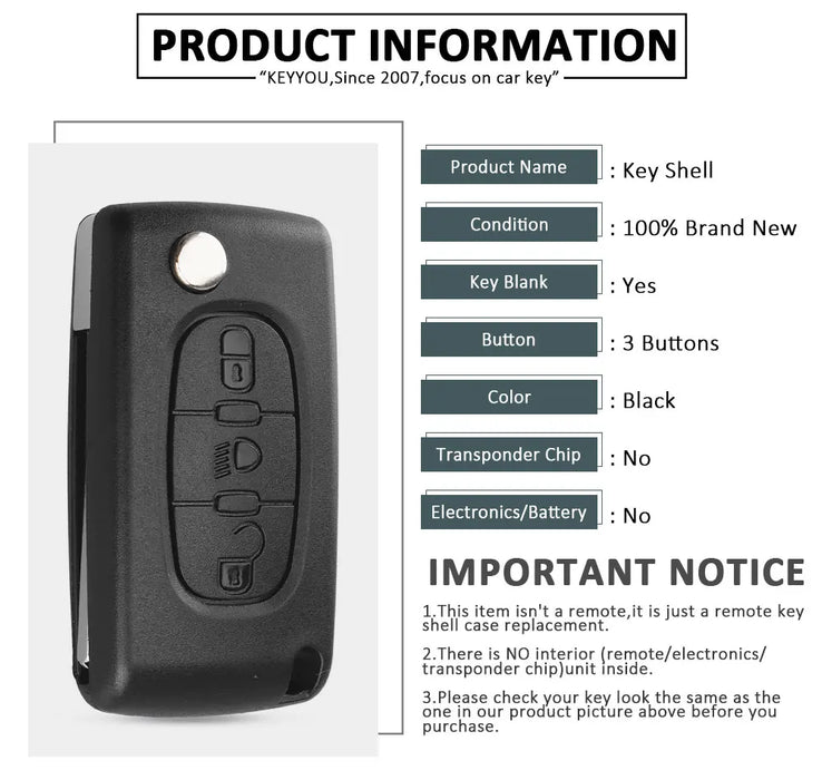 KEYYOU Per Citroen C2 C3 C4 C5 C6 C8 3 Bottoni Flip Chiave A Distanza Dell'automobile Della Copertura Della Cassa Borsette Fob VA2 Lama CE0523