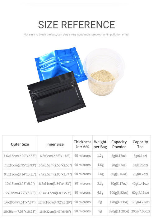 100 sacchetti colorati con chiusura a zip in foglio di alimentazione superiore, sacchetti per alimenti, sacchetti in foglio di alluminio Mylar, sacchetti per tè, sacchetti per alimenti