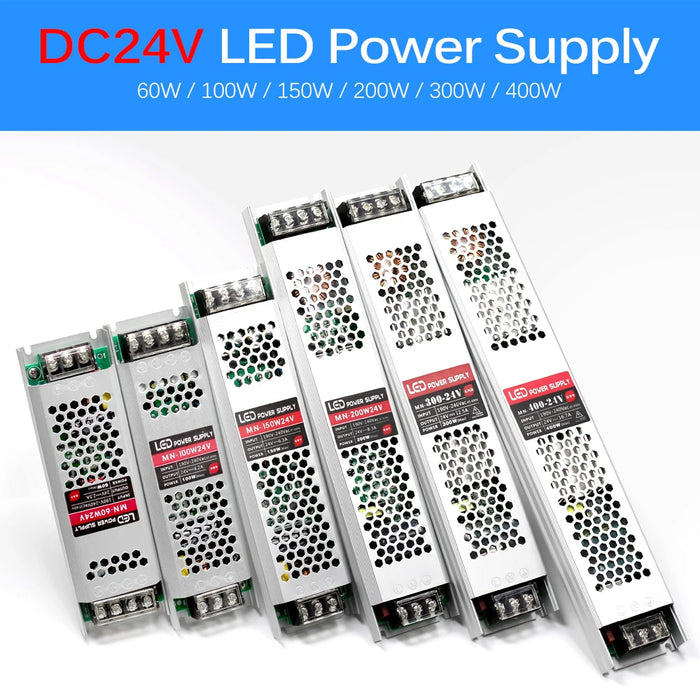 Alimentatore LED ultra sottile Trasformatori di illuminazione DC 12V 24V 60W 100W 150W 200W 300W 400W Driver AC190-240V per strisce LED