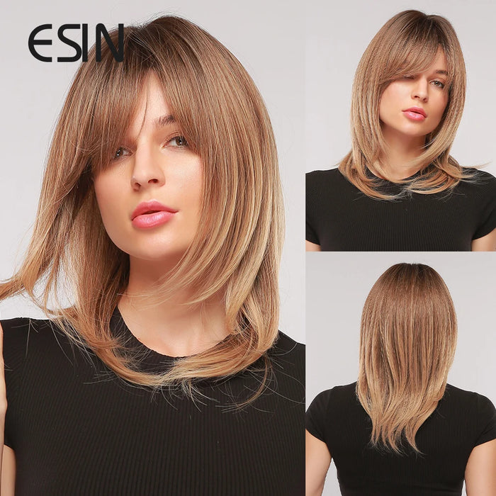 ESIN Parrucca sintetica marrone scuro Parrucche a onde lunghe per donna Parrucca per capelli con frangia Resistente al calore Uso naturale quotidiano per feste