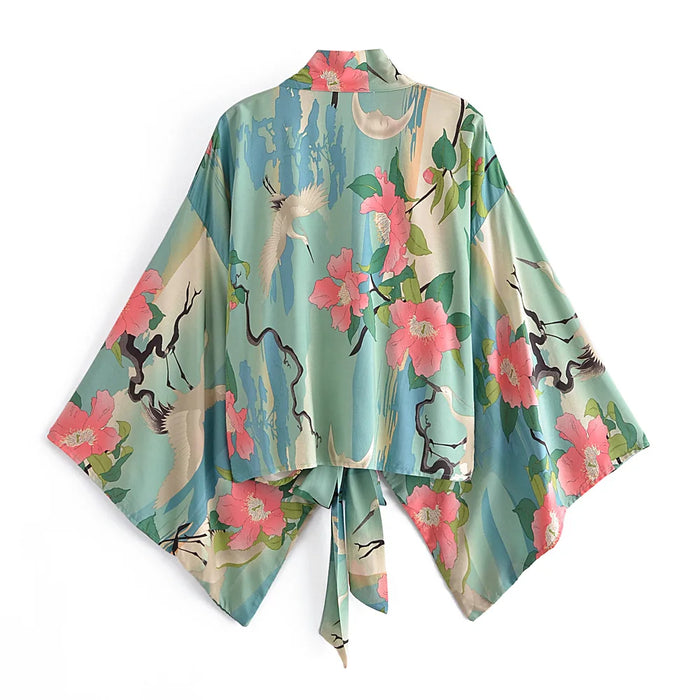 Boho Vintage stampa floreale spiaggia estate Kimono corto donna moda donna Casual scollo a V maniche a pipistrello bohémien Cover-up