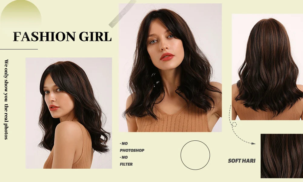 ESIN Parrucca sintetica marrone scuro Parrucche a onde lunghe per donna Parrucca per capelli con frangia Resistente al calore Uso naturale quotidiano per feste