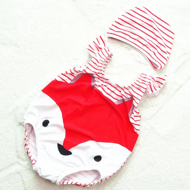 Carino Frutta Forma di Animale Del Bambino di Un pezzo del Costume Da Bagno + Cuffia da nuoto Per Il Bambino Delle Ragazze Dei Ragazzi Del Bambino di Estate Infantile Del Bambino Del Bambino acqua Vestiti di Sport