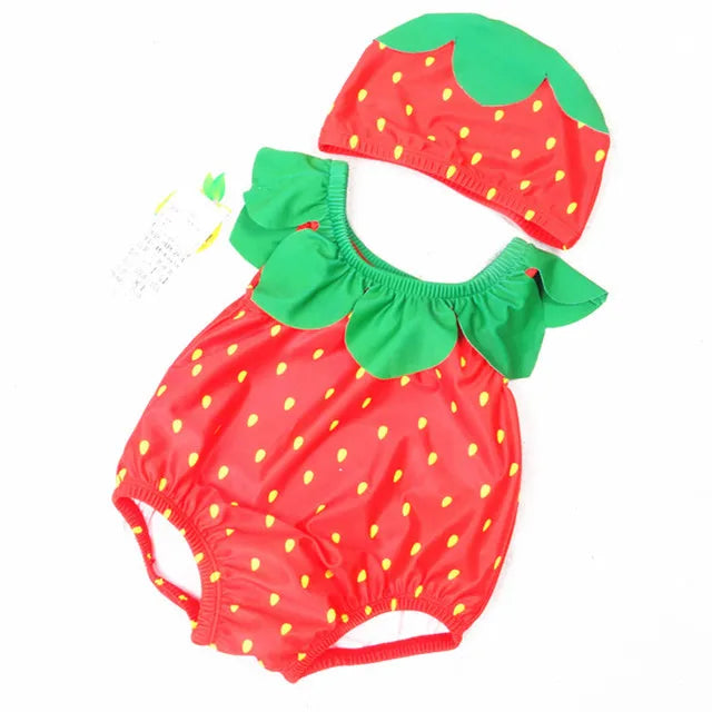 Carino Frutta Forma di Animale Del Bambino di Un pezzo del Costume Da Bagno + Cuffia da nuoto Per Il Bambino Delle Ragazze Dei Ragazzi Del Bambino di Estate Infantile Del Bambino Del Bambino acqua Vestiti di Sport