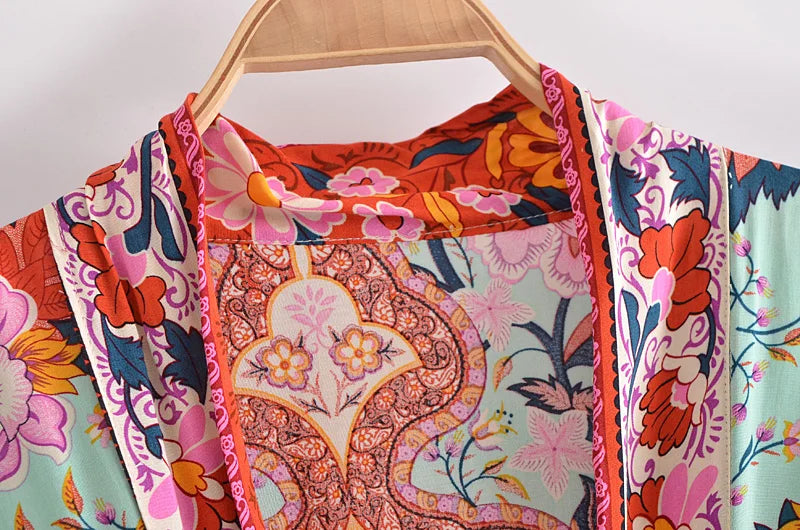Boho Vintage stampa floreale spiaggia estate Kimono corto donna moda donna Casual scollo a V maniche a pipistrello bohémien Cover-up