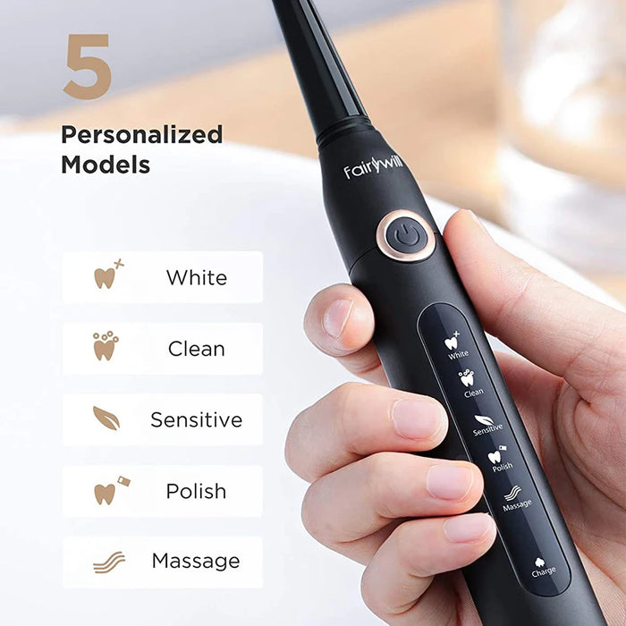 Fairywill FW-507 spazzolino elettrico sonico 5 modalità caricatore USB spazzolino da denti Timer di ricambio spazzolino sonico 8 testine