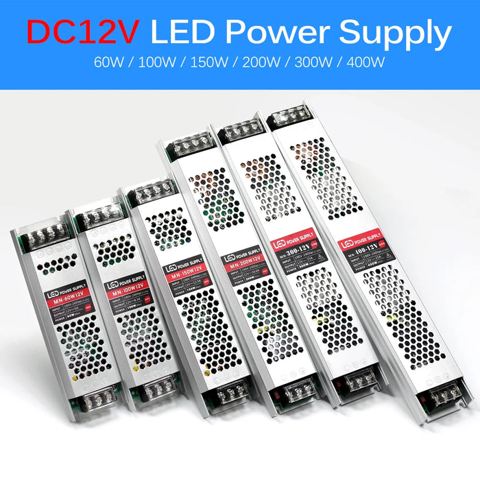Alimentatore LED ultra sottile Trasformatori di illuminazione DC 12V 24V 60W 100W 150W 200W 300W 400W Driver AC190-240V per strisce LED
