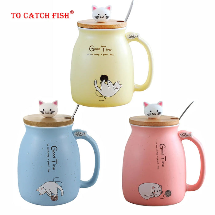 Colore creativo gatto resistente al calore Tazza cartone animato con coperchio 450ml tazza gattino caffè tazze in ceramica tazza per bambini ufficio Drinkware regalo