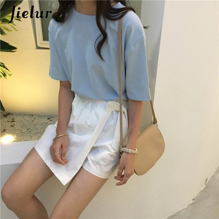 Jielur Tee Shirt tinta unita Basic T Shirt donna Casual o-collo Harajuku estate Top coreano Hipster bianco Tshirt S-XL